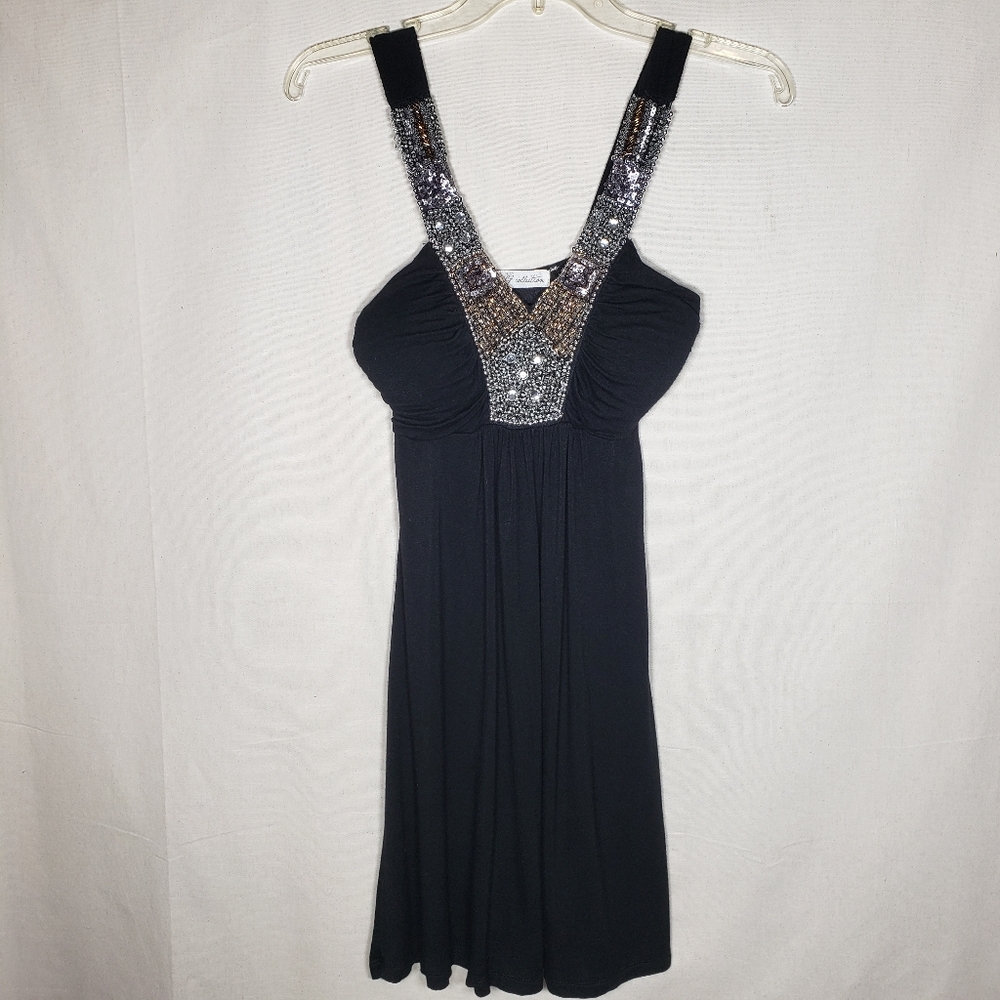 Beaded neckline little black dress silver sequins